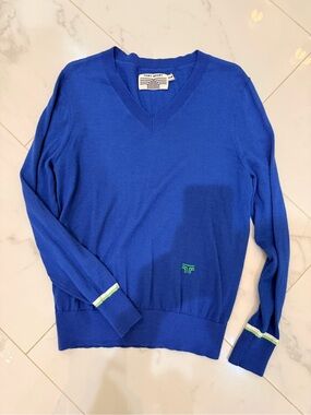 Tory Sport Men's V-Neck Sweater in Bright Blue with Green Accent